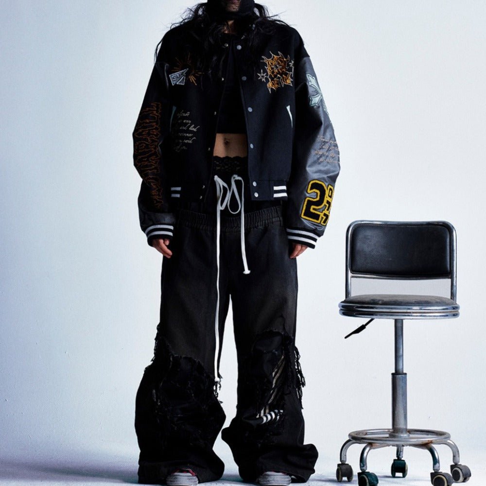 Gothic Embroidered Patchwork Varsity Jacket - Thrashink