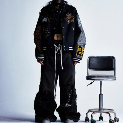 Gothic Embroidered Patchwork Varsity Jacket - Thrashink