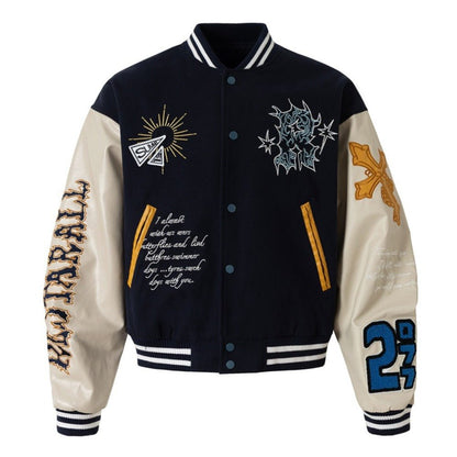Gothic Embroidered Patchwork Varsity Jacket - Thrashink