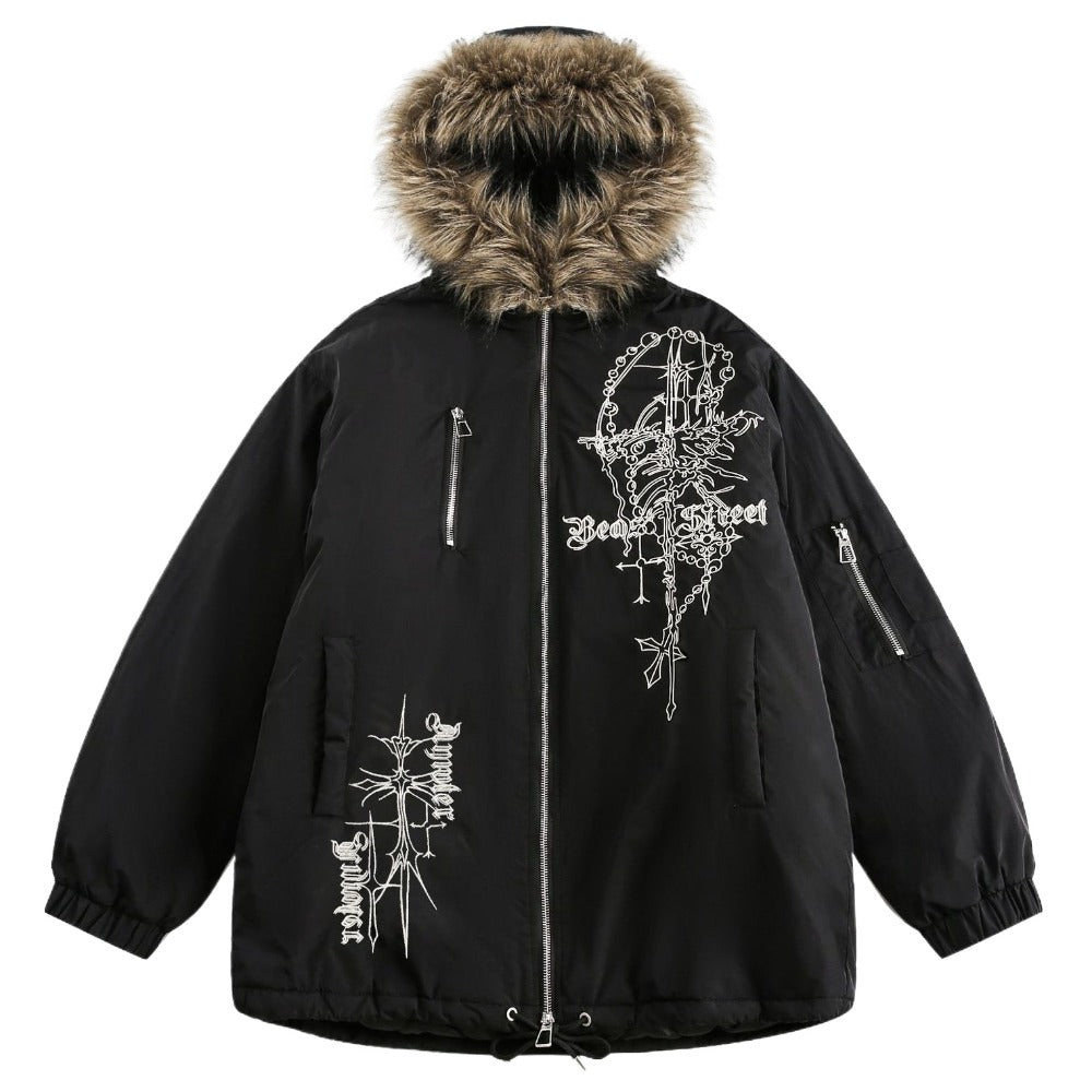 Gothic Fur Collar Hooded Padded Jacket - Thrashink