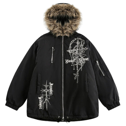 Gothic Fur Collar Hooded Padded Jacket - Thrashink