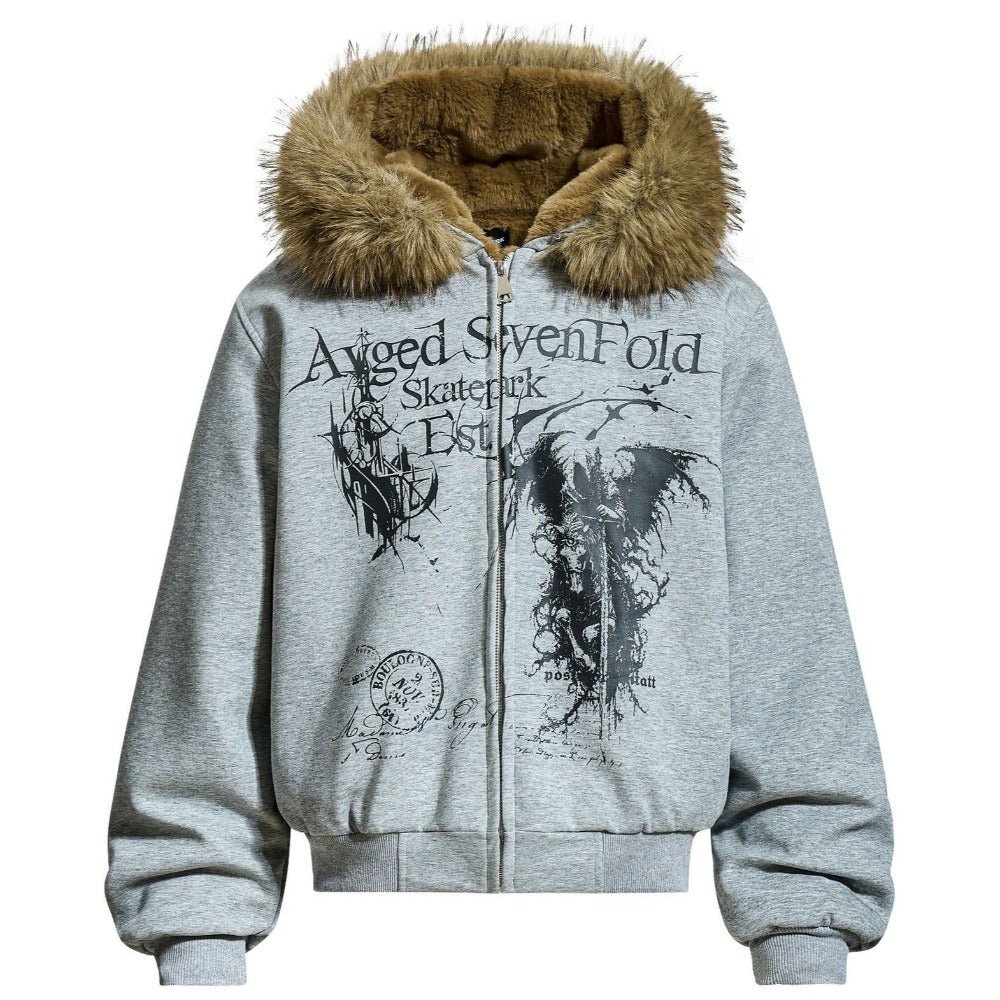 Gothic Print Hooded Fur Collar Cotton Jacket - Thrashink