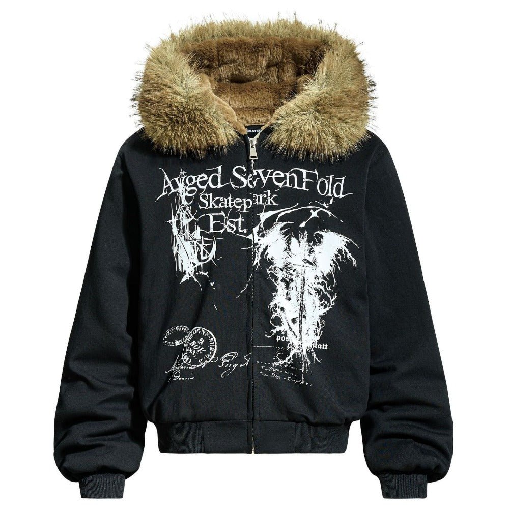 Gothic Print Hooded Fur Collar Cotton Jacket - Thrashink