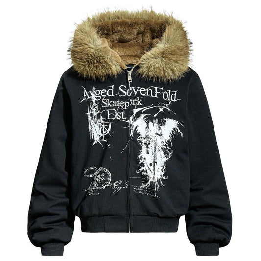 Gothic Print Hooded Fur Collar Cotton Jacket - Thrashink