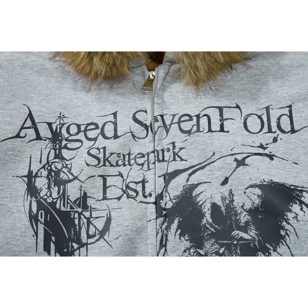 Gothic Print Hooded Fur Collar Cotton Jacket - Thrashink