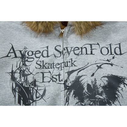 Gothic Print Hooded Fur Collar Cotton Jacket - Thrashink