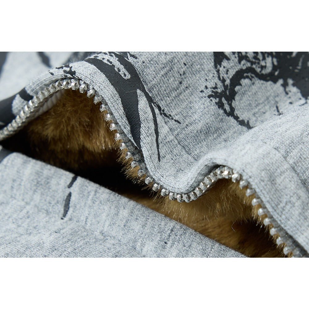 Gothic Print Hooded Fur Collar Cotton Jacket - Thrashink