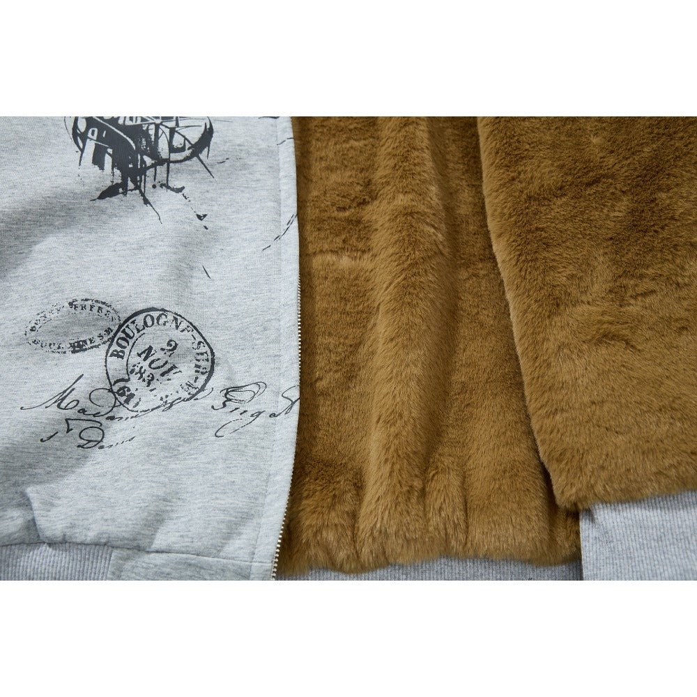 Gothic Print Hooded Fur Collar Cotton Jacket - Thrashink