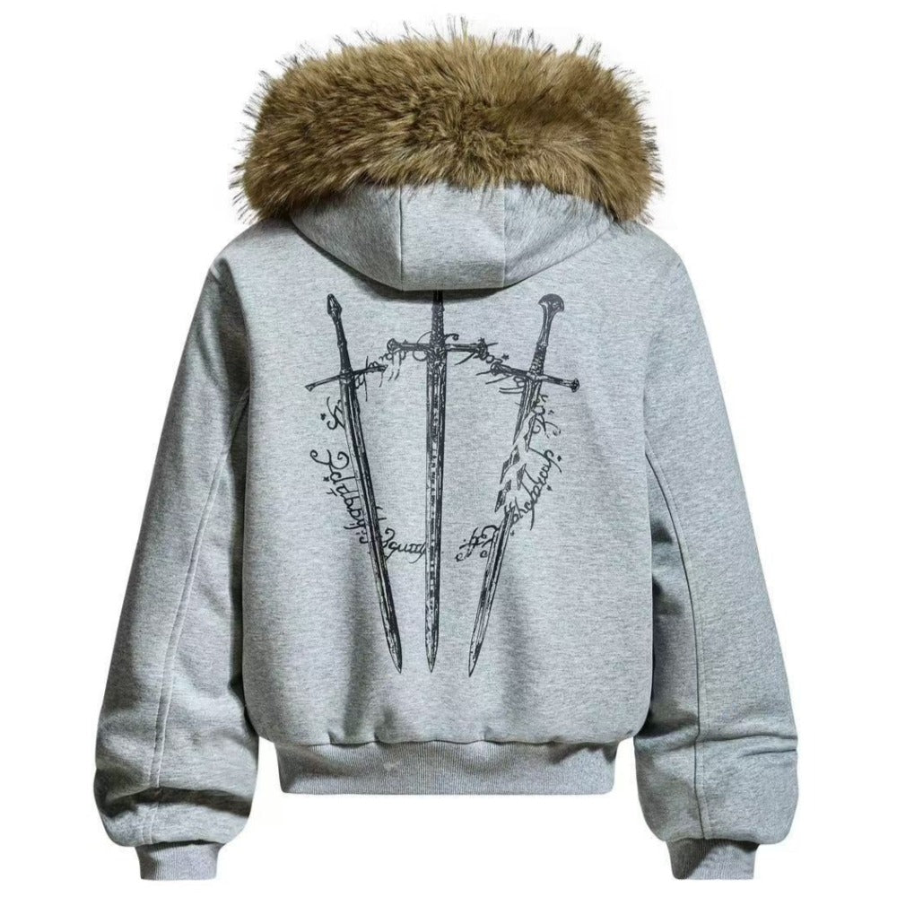 Gothic Print Hooded Fur Collar Cotton Jacket - Thrashink