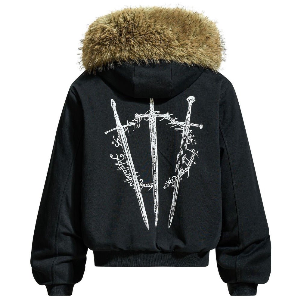 Gothic Print Hooded Fur Collar Cotton Jacket - Thrashink