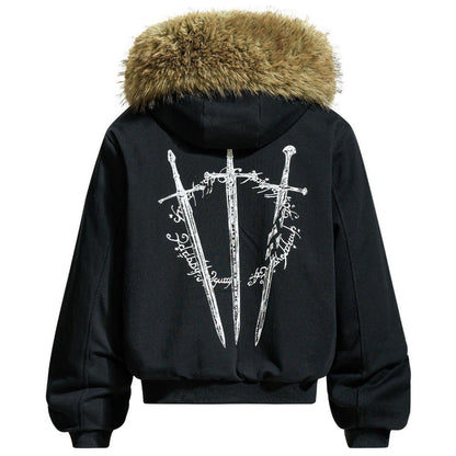 Gothic Print Hooded Fur Collar Cotton Jacket - Thrashink