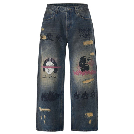 Graffiti & Distressed Rock Denim Jeans - Thrashink