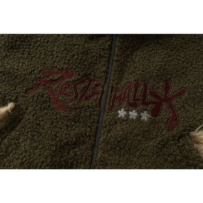 Graffiti Embroidery Paneled Sherpa Jacket - Thrashink