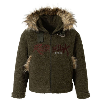 Graffiti Embroidery Paneled Sherpa Jacket - Thrashink