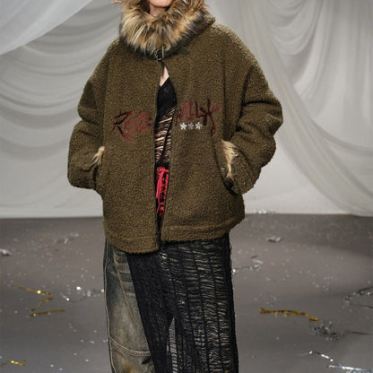 Graffiti Embroidery Paneled Sherpa Jacket - Thrashink