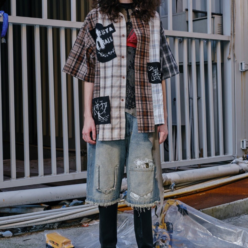 Graffiti Patchwork Plaid Shirt - Thrashink