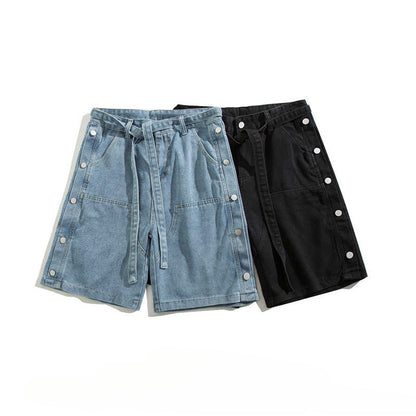 Hip Hop Belt Button Bermuda Denim Shorts - Thrashink