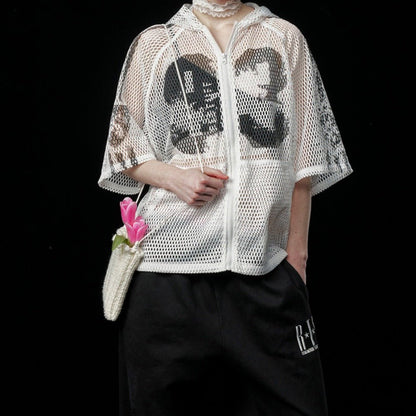 Hollow Print Hooded Shirt - Thrashink