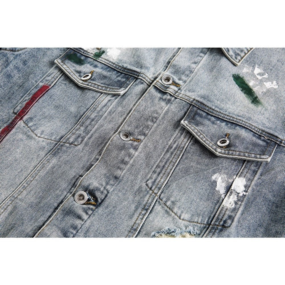 Ink Splash Distressed Denim Jacket - Thrashink