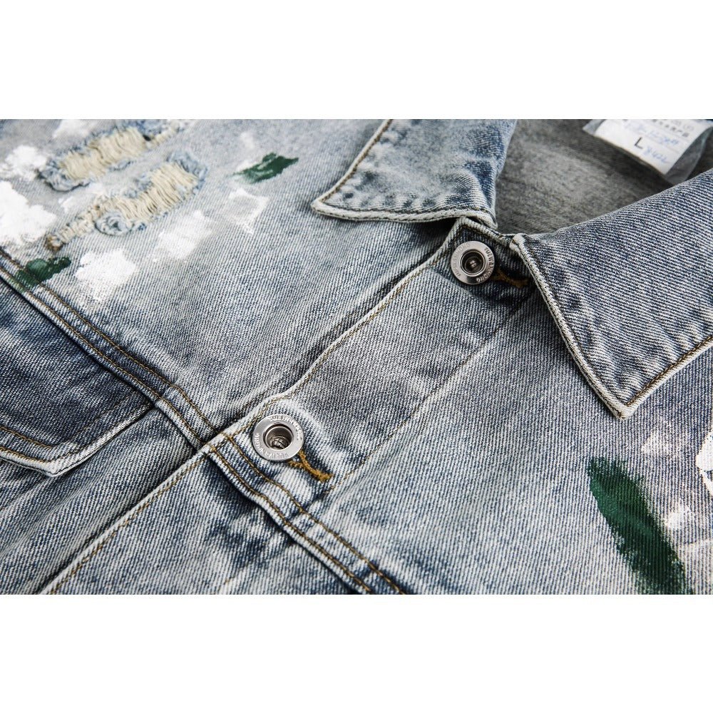 Ink Splash Distressed Denim Jacket - Thrashink