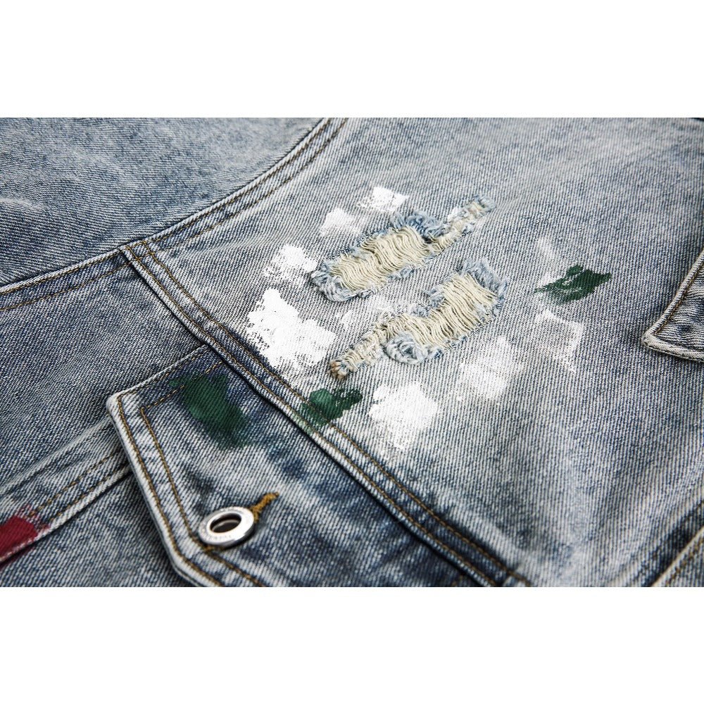 Ink Splash Distressed Denim Jacket - Thrashink