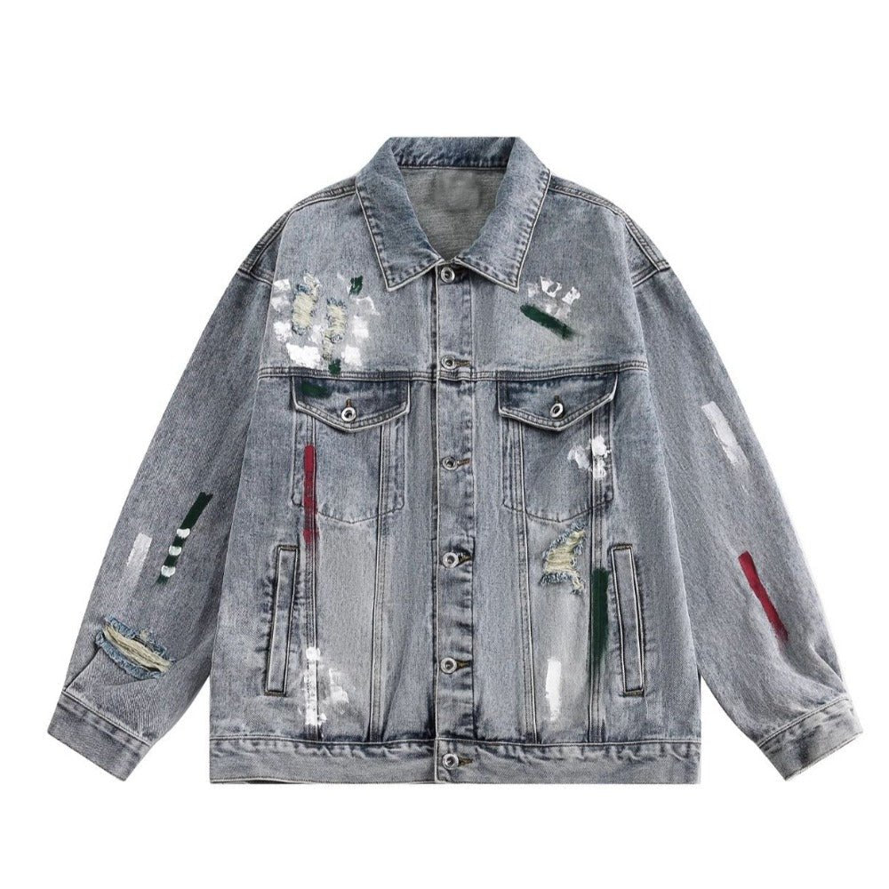 Ink Splash Distressed Denim Jacket - Thrashink