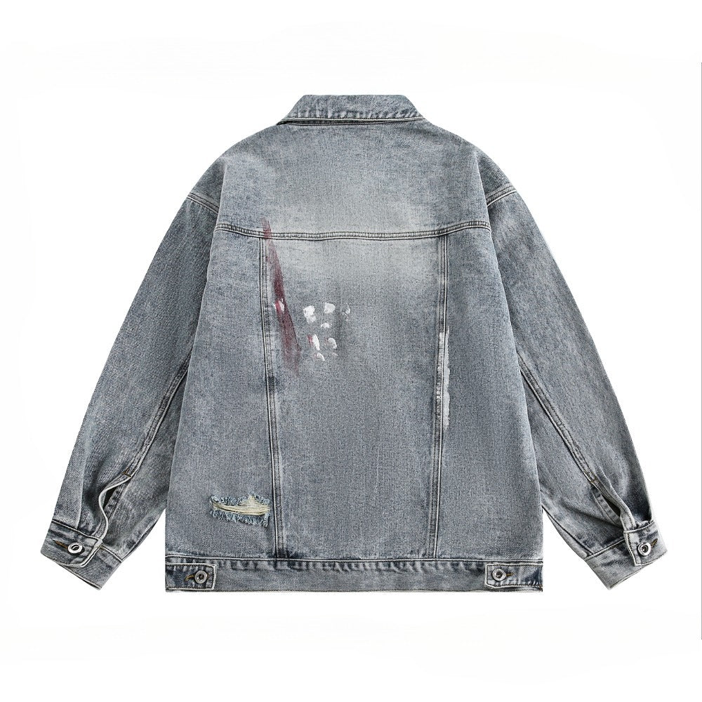 Ink Splash Distressed Denim Jacket - Thrashink