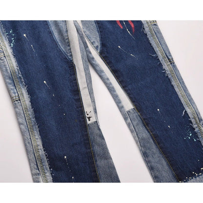Ink - splashed Patchwork Flared Jeans - Thrashink