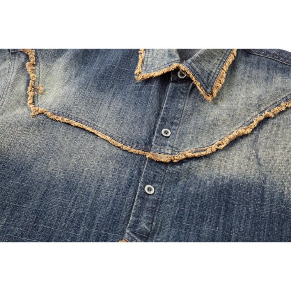 Irregular Frayed Denim Short Sleeve Shirt - Thrashink