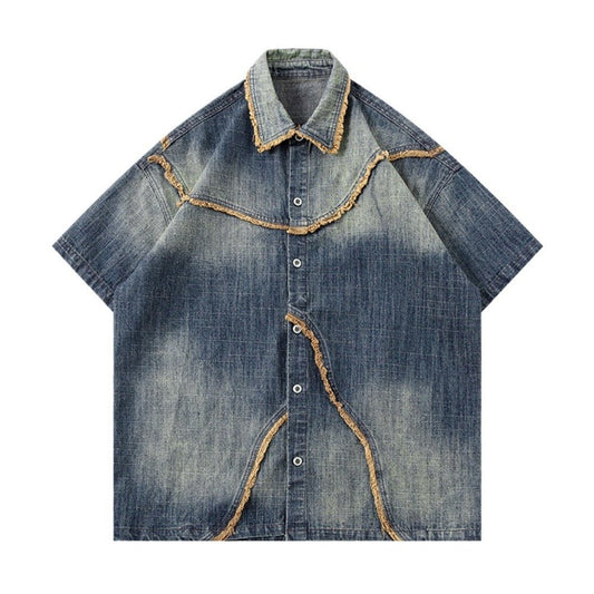 Irregular Frayed Denim Short Sleeve Shirt - Thrashink
