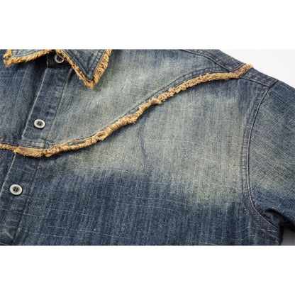 Irregular Frayed Denim Short Sleeve Shirt - Thrashink