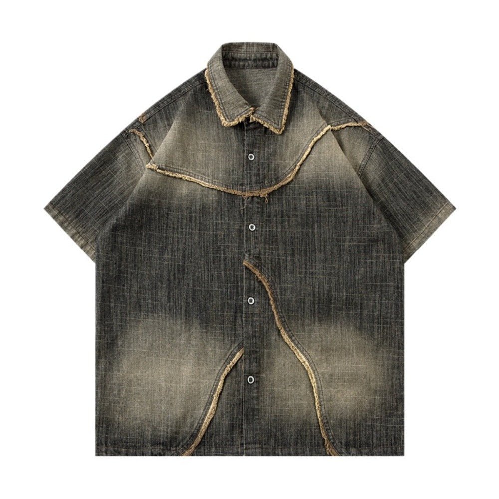 Irregular Frayed Denim Short Sleeve Shirt - Thrashink