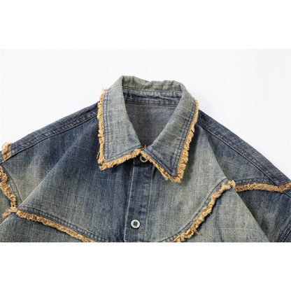 Irregular Frayed Denim Short Sleeve Shirt - Thrashink