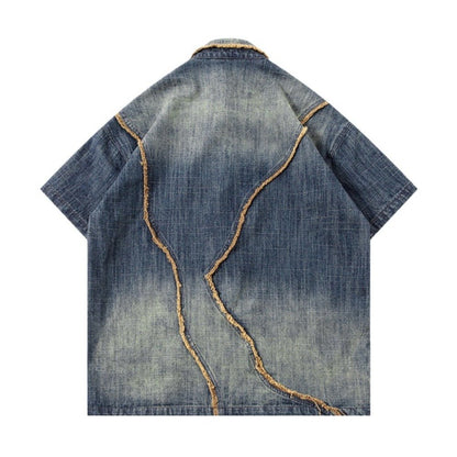 Irregular Frayed Denim Short Sleeve Shirt - Thrashink