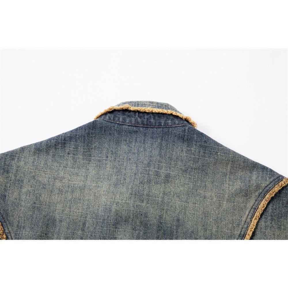 Irregular Frayed Denim Short Sleeve Shirt - Thrashink