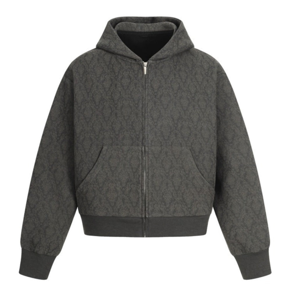Jacquard Patterned Zip - Up Hooded Jacket - Thrashink