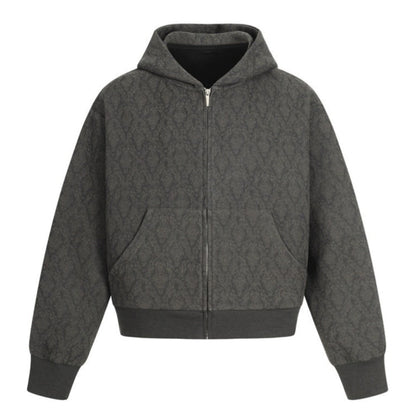 Jacquard Patterned Zip - Up Hooded Jacket - Thrashink
