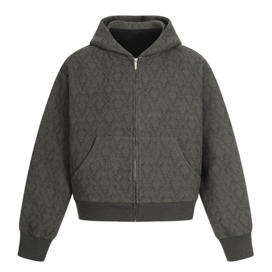 Jacquard Patterned Zip - Up Hooded Jacket - Thrashink