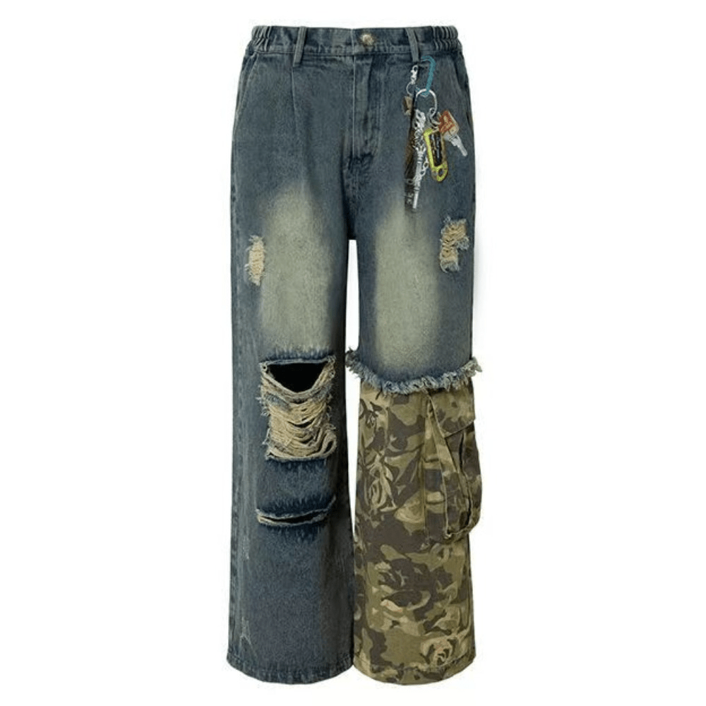 Keychain Print Camo Patchwork Jeans - Thrashink