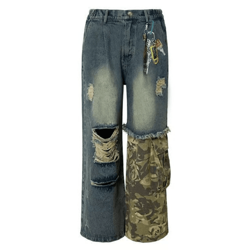 Keychain Print Camo Patchwork Jeans - Thrashink