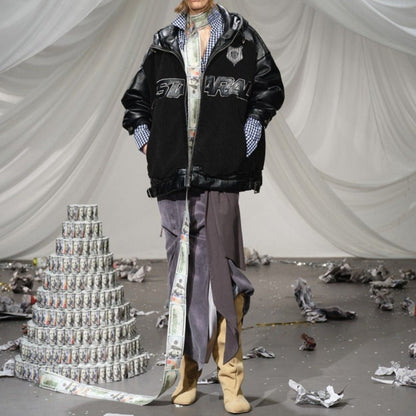 Lamb Wool and Leather Patchwork Cotton Jacket - Thrashink