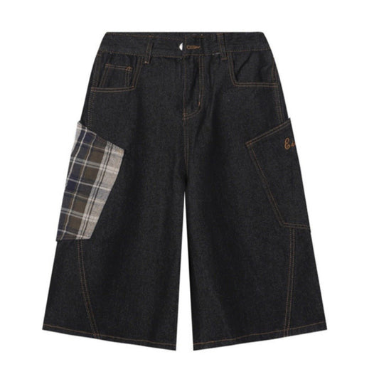 Large Pocket Checkered Denim Capri Pants - Thrashink