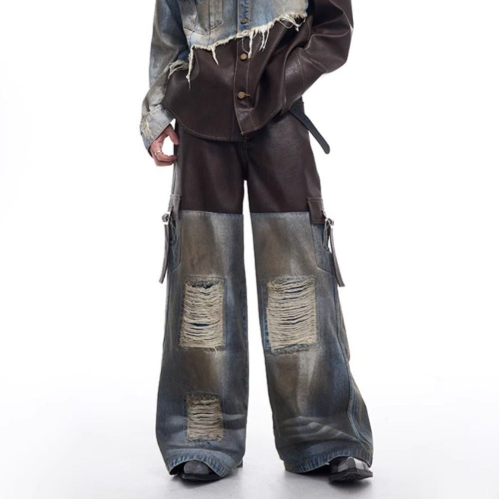Leather Denim Patchwork Distressed Cargo Pants - Thrashink