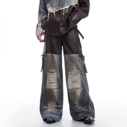 Leather Denim Patchwork Distressed Cargo Pants - Thrashink