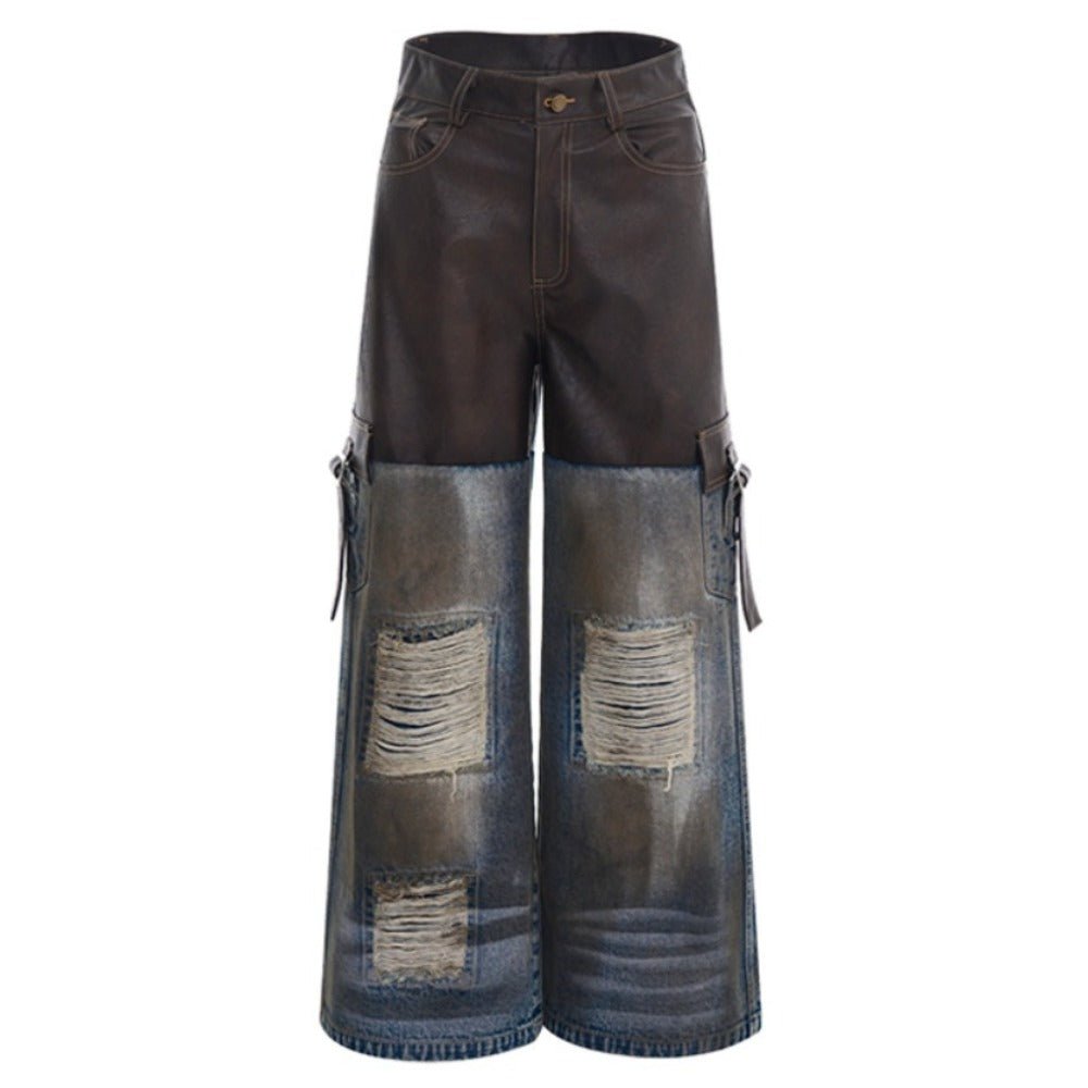 Leather Denim Patchwork Distressed Cargo Pants - Thrashink