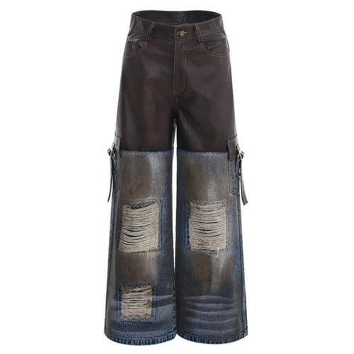 Leather Denim Patchwork Distressed Cargo Pants - Thrashink