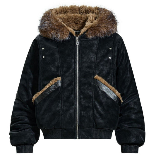 Leather Faux Fur Trimmed Hood Jacket - Thrashink