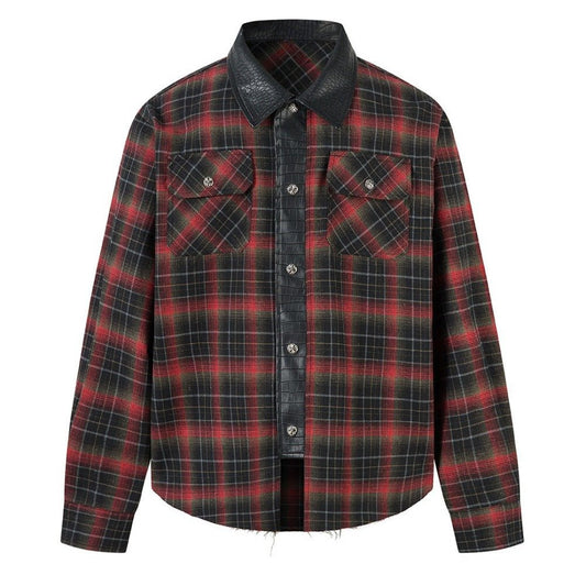 Leather Trimmed Plaid Long Sleeve Shirt - Thrashink