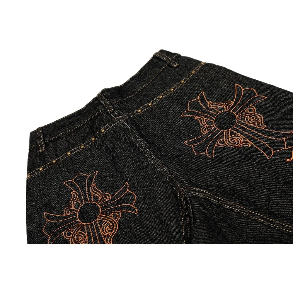 Leopard - Accent Cross Embroidered Studded Jeans - Thrashink