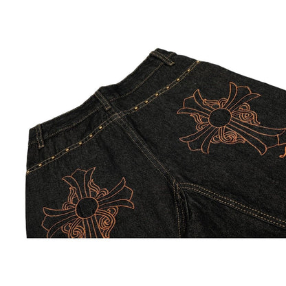 Leopard - Accent Cross Embroidered Studded Jeans - Thrashink